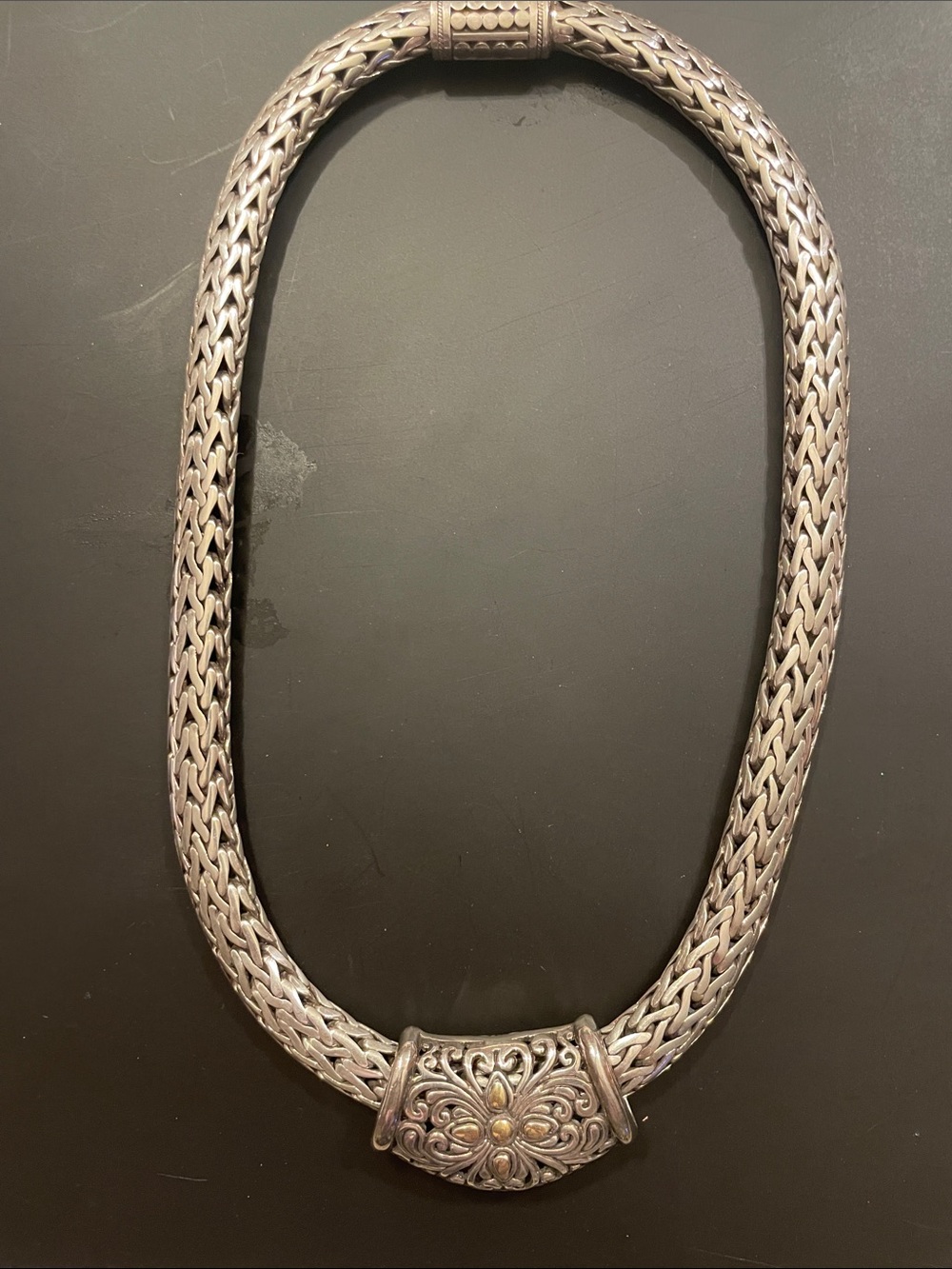 Sterling Silver Woven Wheat classic Braided Necklace with Floral Gold Accent.